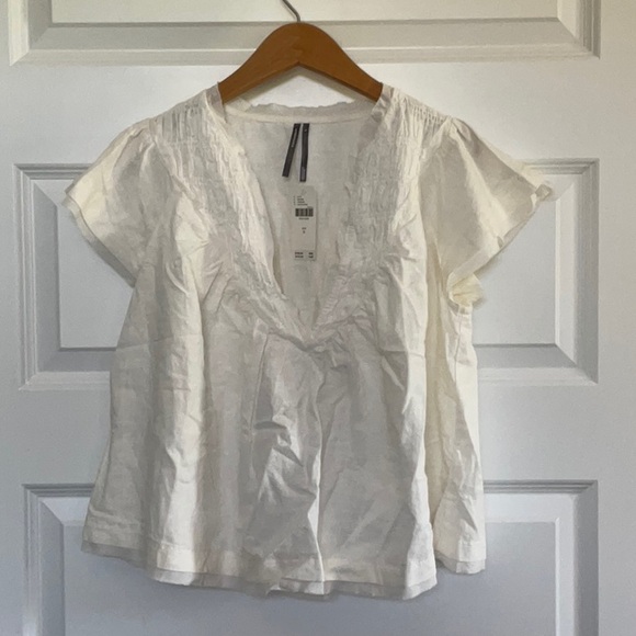 Anthropologie Short-Sleeve Smocked Linen-Blend Blouse S NWT - Picture 5 of 10